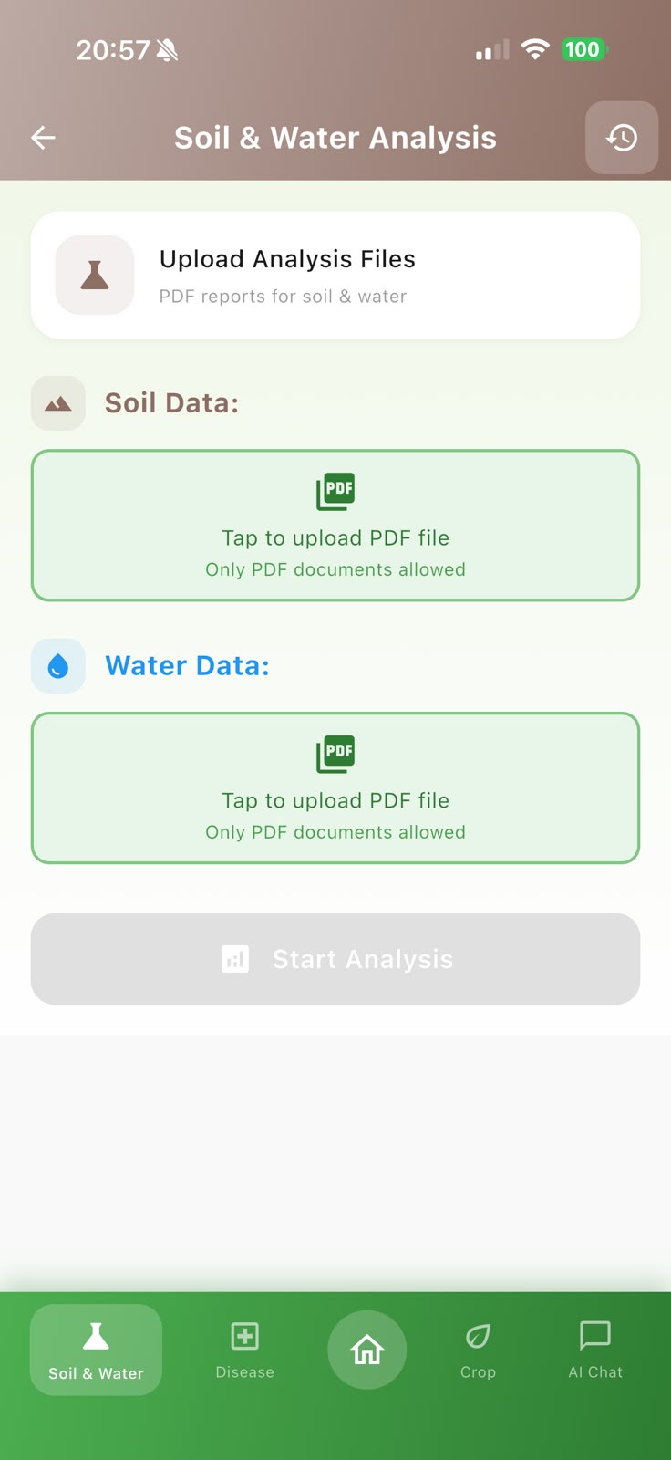 AgroAdvisor soil and water analysis screen used to review field measurements