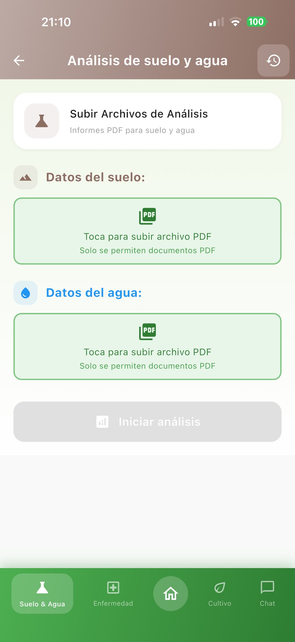 Pantalla de AgroAdvisor para análisis de suelo y agua y revisión de mediciones del campo